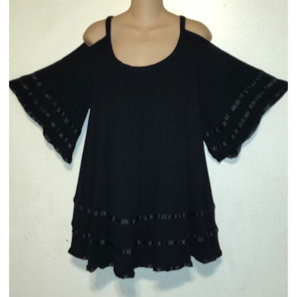 Sheilay Tops - Witchy Black Boho Top M Whimsigoth Fairy Grunge Swingy Cold Shoulder Romantic